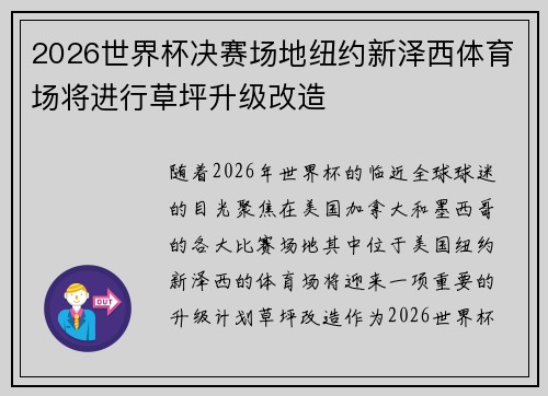 2026世界杯决赛场地纽约新泽西体育场将进行草坪升级改造 2026世界杯决赛场地纽约新泽西体育场将进行草坪升级改造